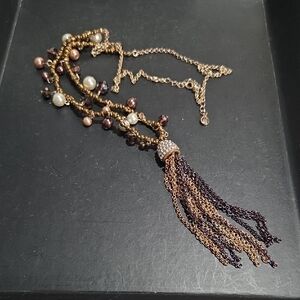 Chic Gold and Brown Beaded Tassel Necklace